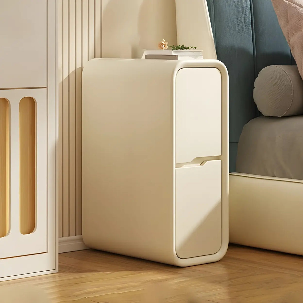 Cream Rounded Wood Faux Leather Multifunctional Nightstand Image - 22