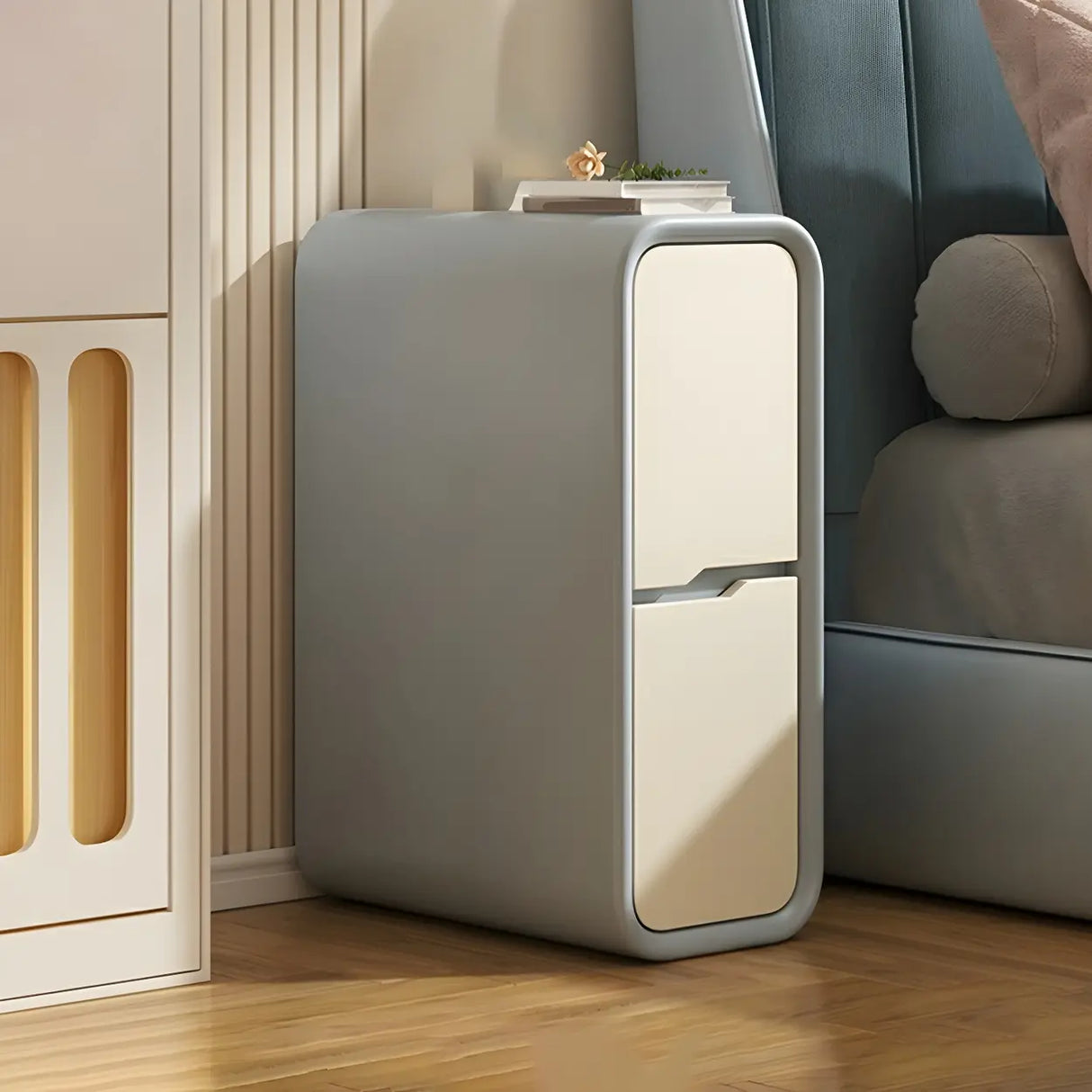 Cream Rounded Wood Faux Leather Multifunctional Nightstand Image - 26