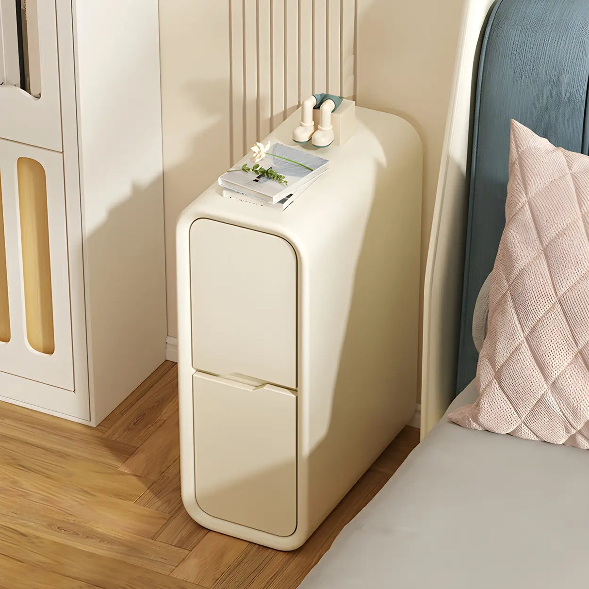 Cream Rounded Wood Faux Leather Multifunctional Nightstand Image - 27