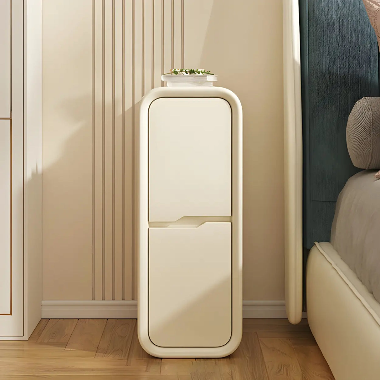 Cream Rounded Wood Faux Leather Multifunctional Nightstand Image - 29