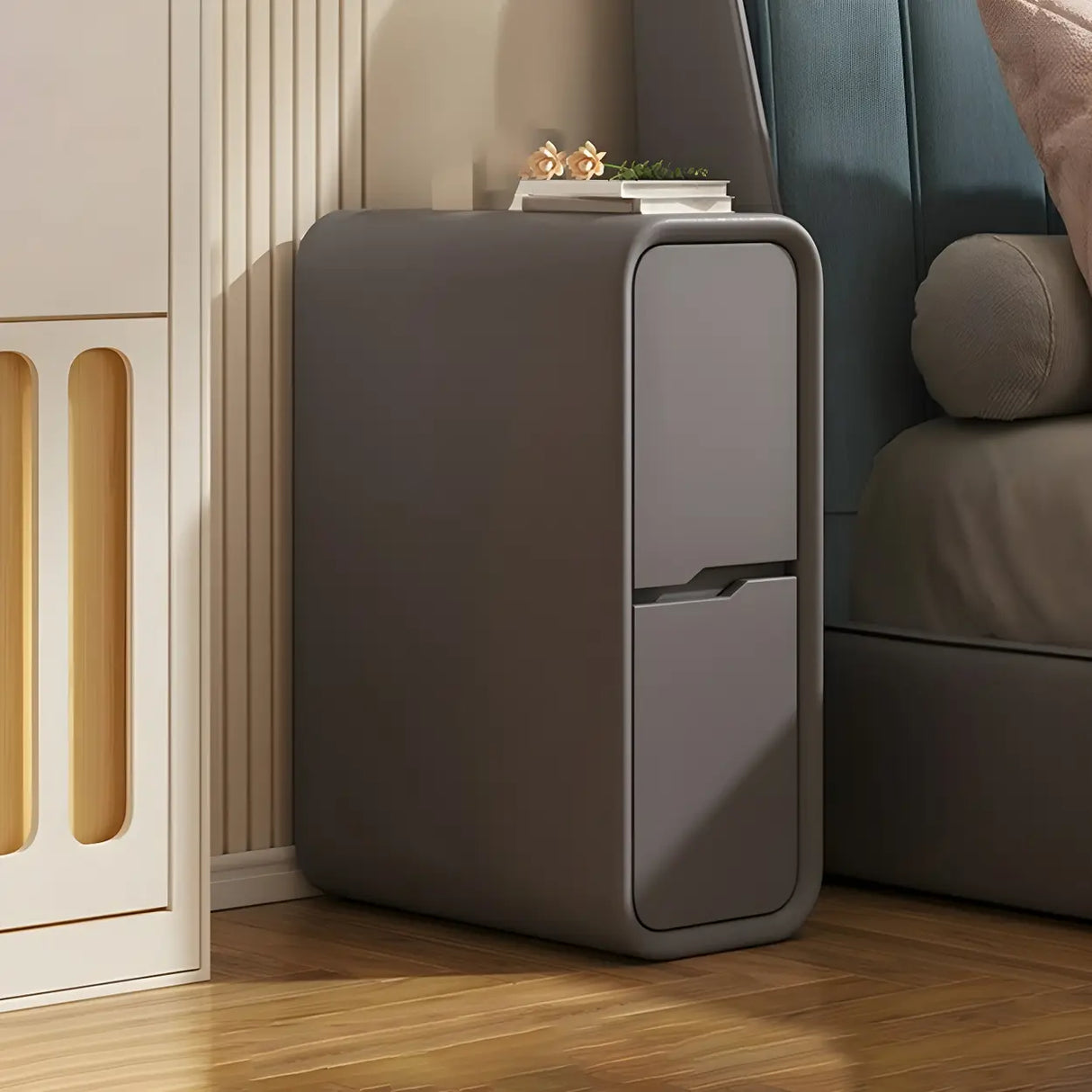 Cream Rounded Wood Faux Leather Multifunctional Nightstand Image - 2