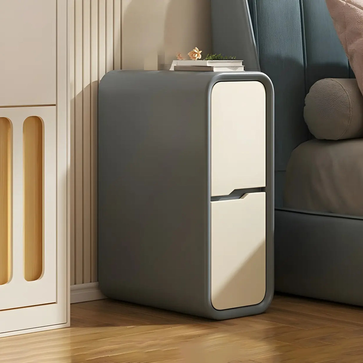 Cream Rounded Wood Faux Leather Multifunctional Nightstand Image - 30