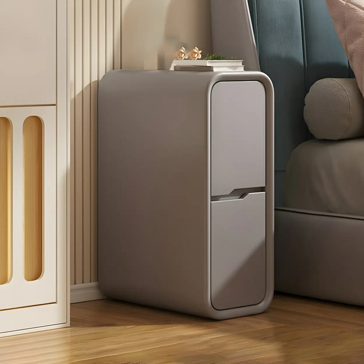 Cream Rounded Wood Faux Leather Multifunctional Nightstand Image - 32