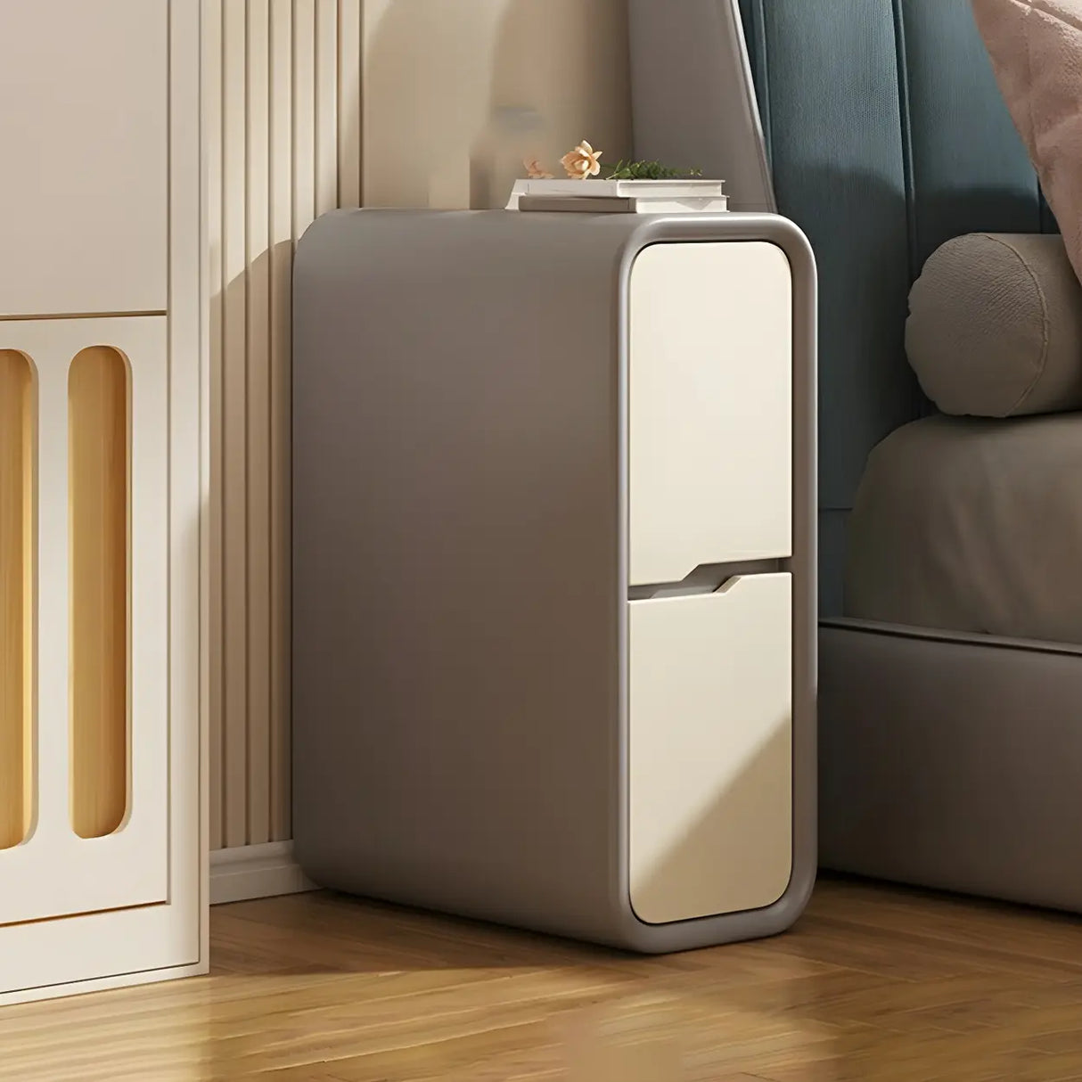 Cream Rounded Wood Faux Leather Multifunctional Nightstand Image - 34