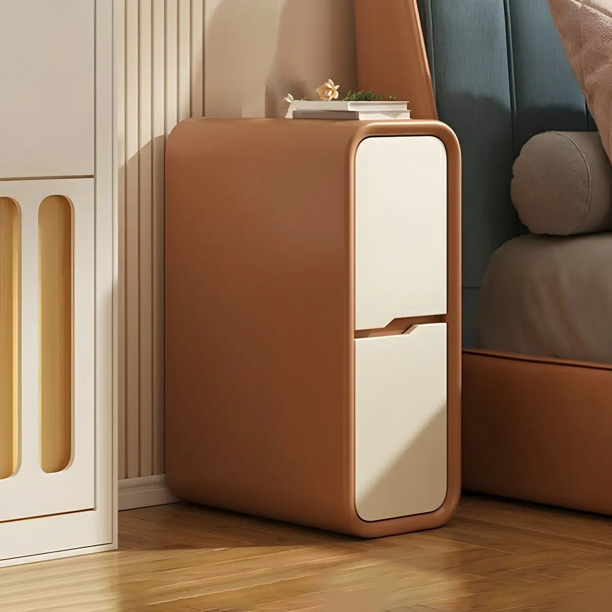 Cream Rounded Wood Faux Leather Multifunctional Nightstand Image - 36