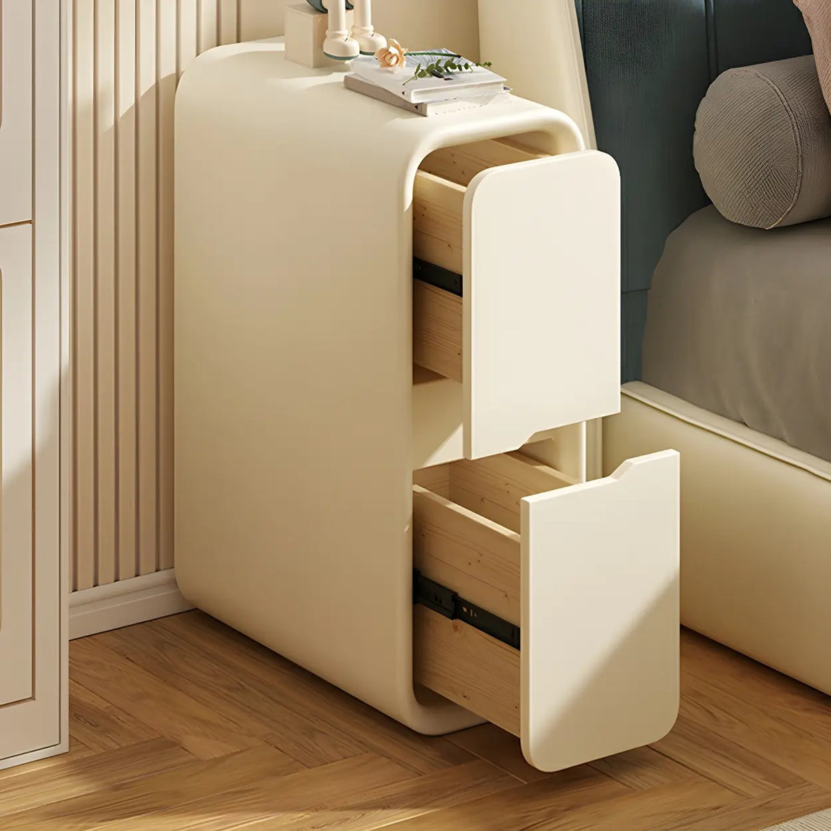Cream Rounded Wood Faux Leather Multifunctional Nightstand Image - 4
