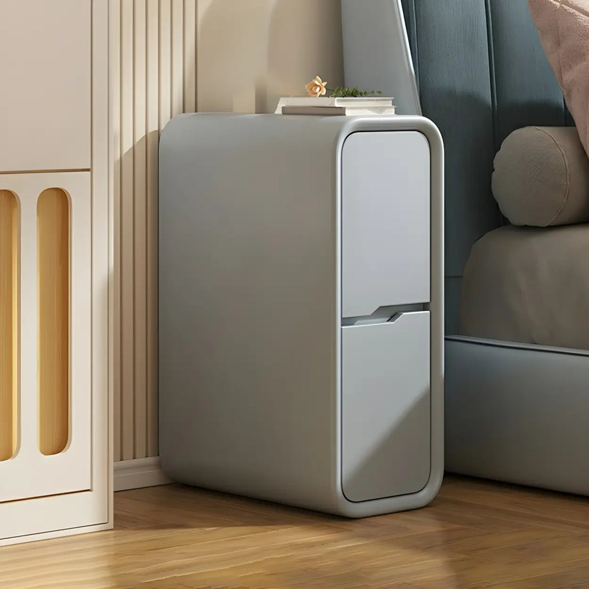 Cream Rounded Wood Faux Leather Multifunctional Nightstand Image - 5