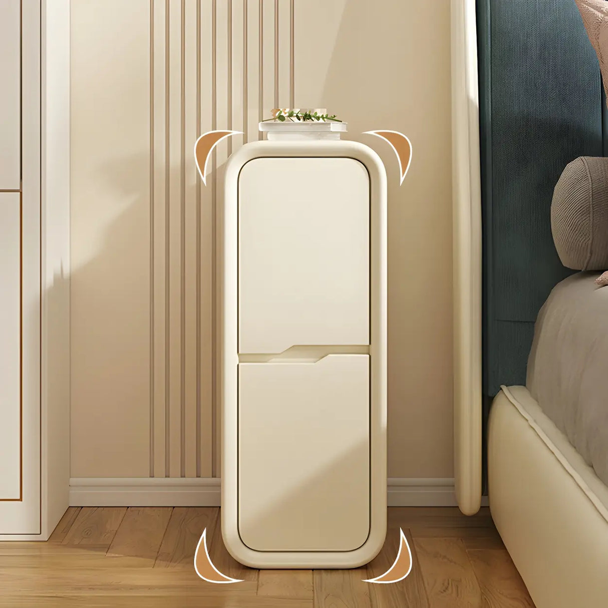 Cream Rounded Wood Faux Leather Multifunctional Nightstand Image - 6