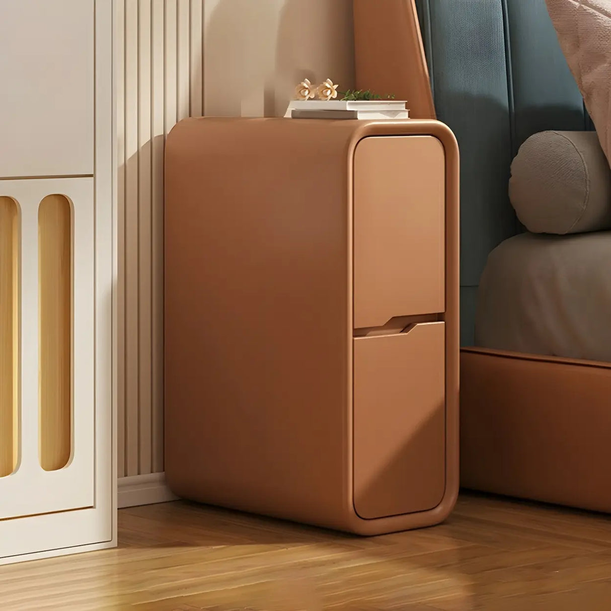 Cream Rounded Wood Faux Leather Multifunctional Nightstand Image - 9