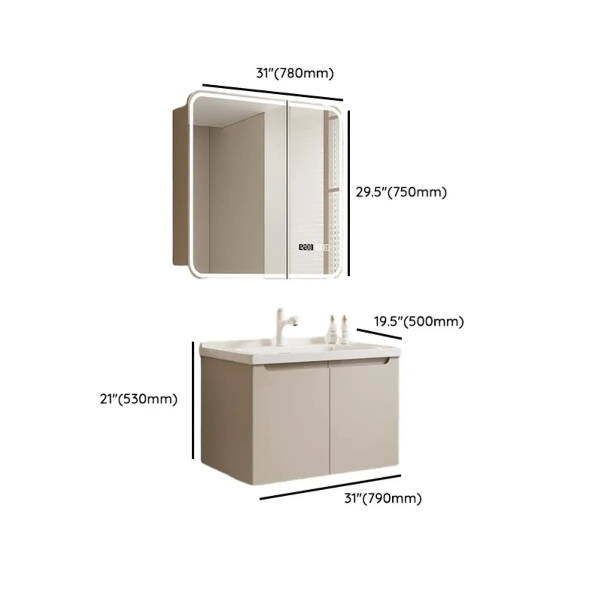 Cream Sink Ceramic Top Bathroom Vanity with LED Mirror Image - 35