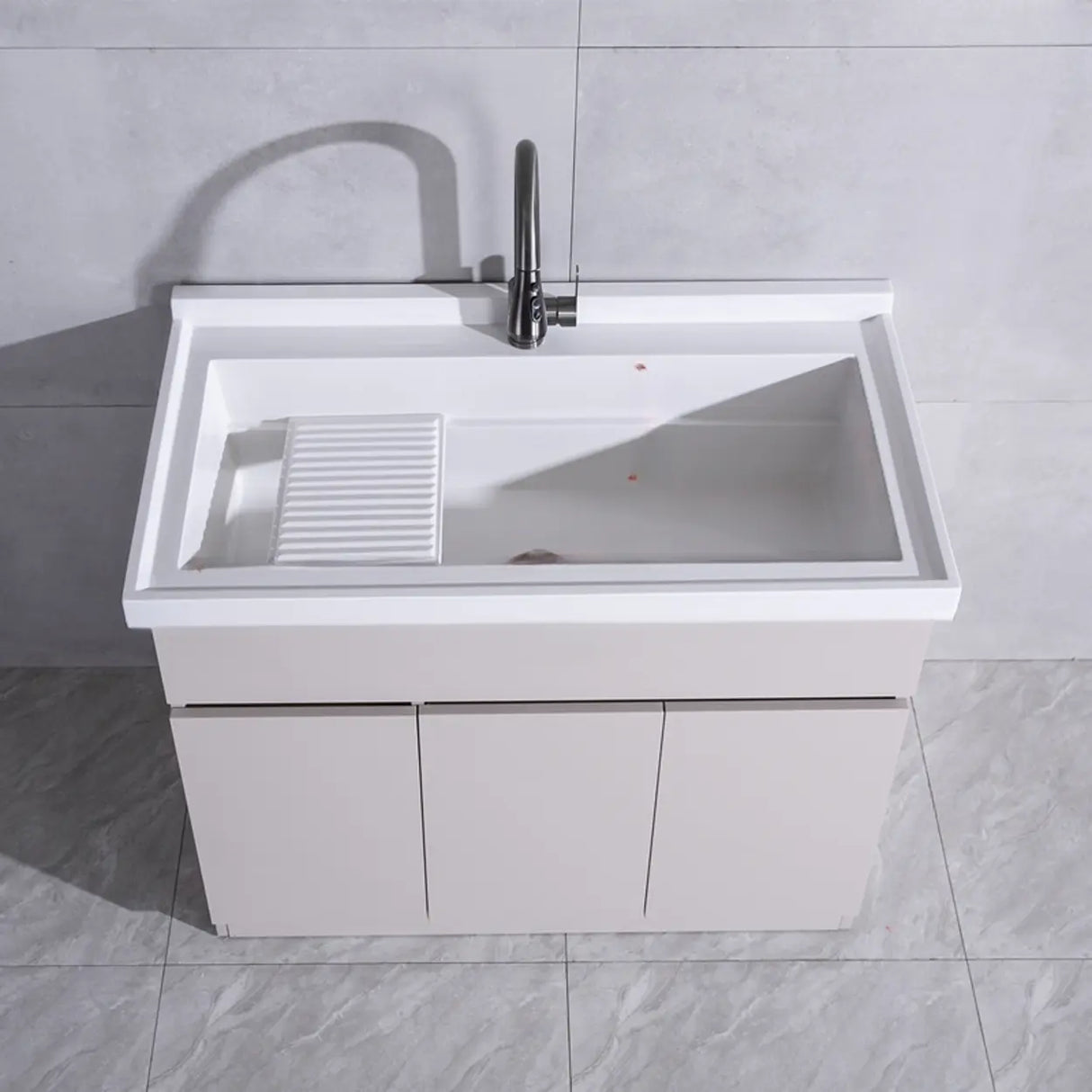 Cream Stone Top Wood Shelves Bathroom Vanity with Sink Image - 9