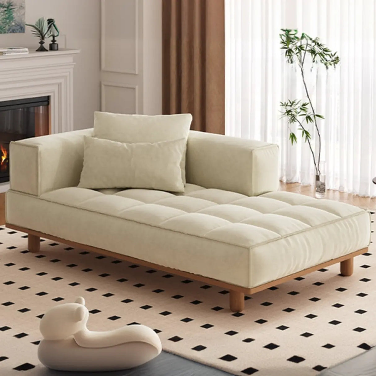 Cream Tufted Rectangular Upholstered Fabric Left-Arm Chaise Image - 1