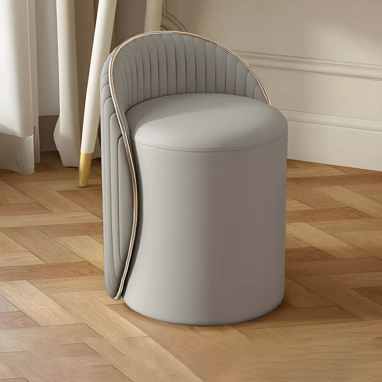 Cream White Round Wood Upholstered Vanity Stool with Back Image - 12