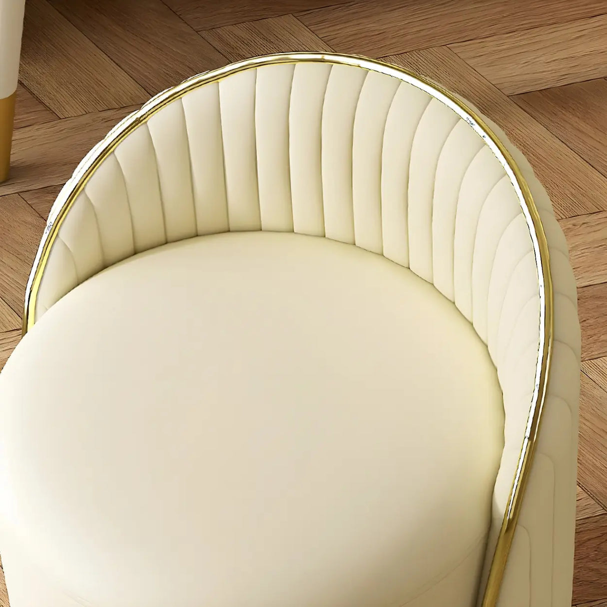 Cream White Round Wood Upholstered Vanity Stool with Back Image - 13
