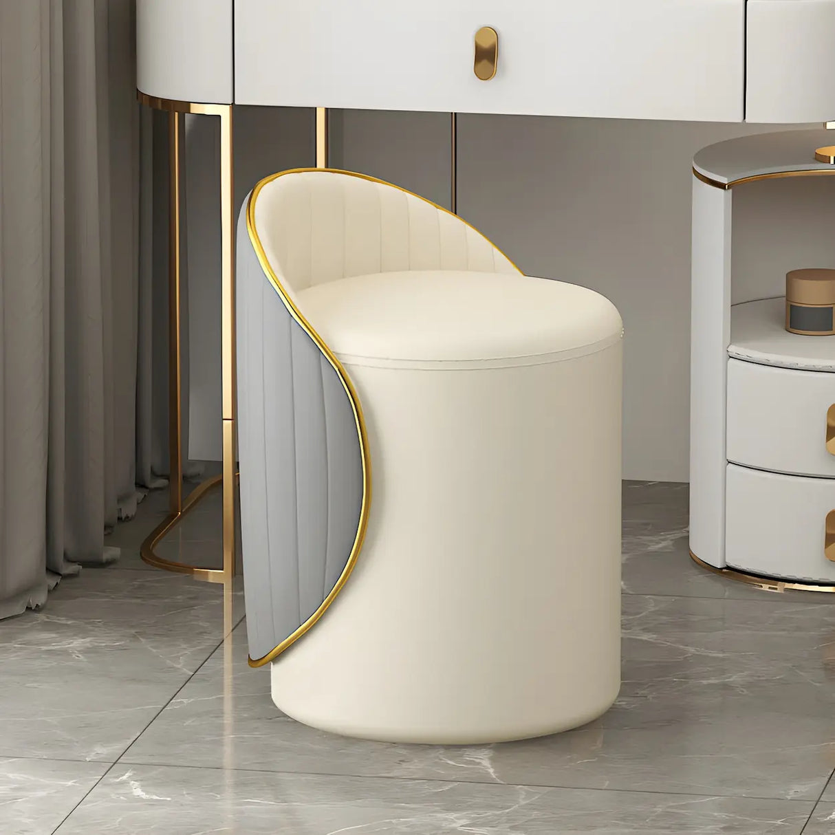 Cream White Round Wood Upholstered Vanity Stool with Back Image - 14