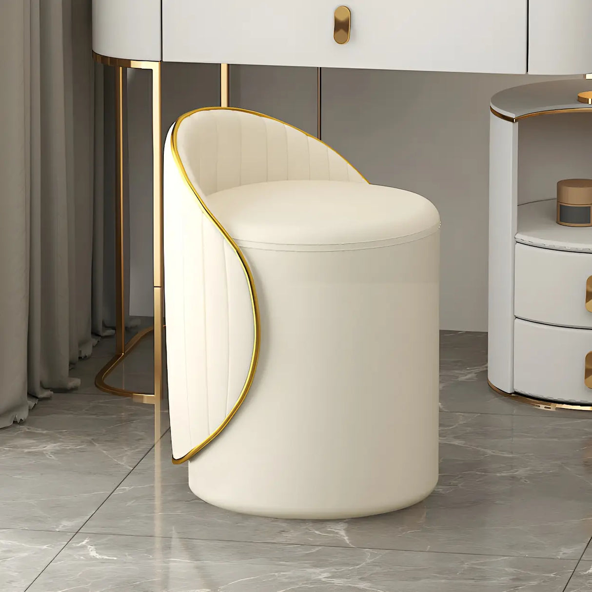 Cream White Round Wood Upholstered Vanity Stool with Back Image - 16