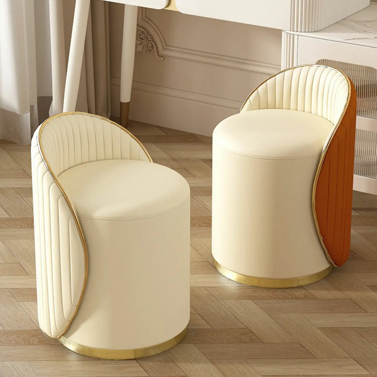 Cream White Round Wood Upholstered Vanity Stool with Back Image - 17