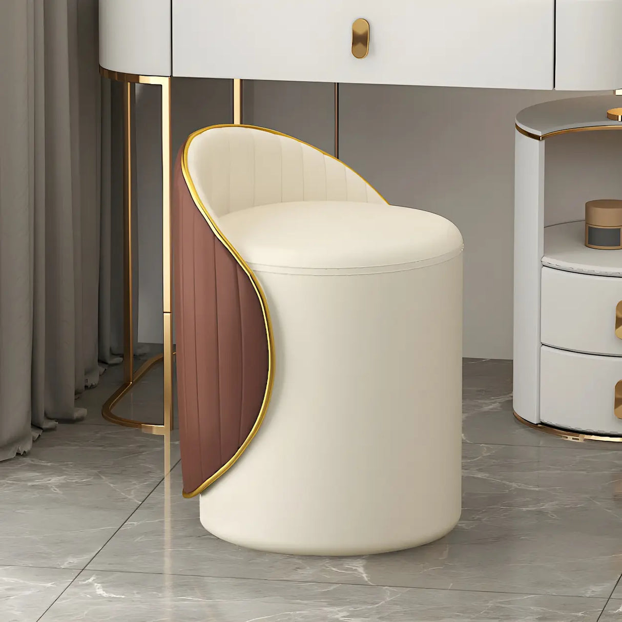 Cream White Round Wood Upholstered Vanity Stool with Back Image - 18