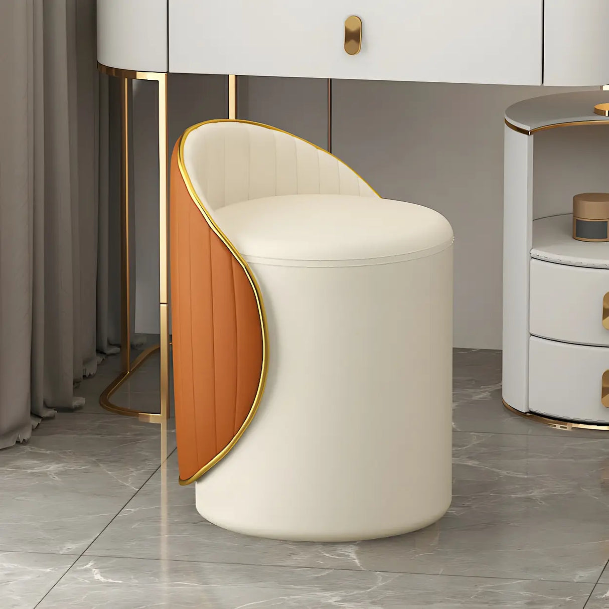 Cream White Round Wood Upholstered Vanity Stool with Back Image - 19