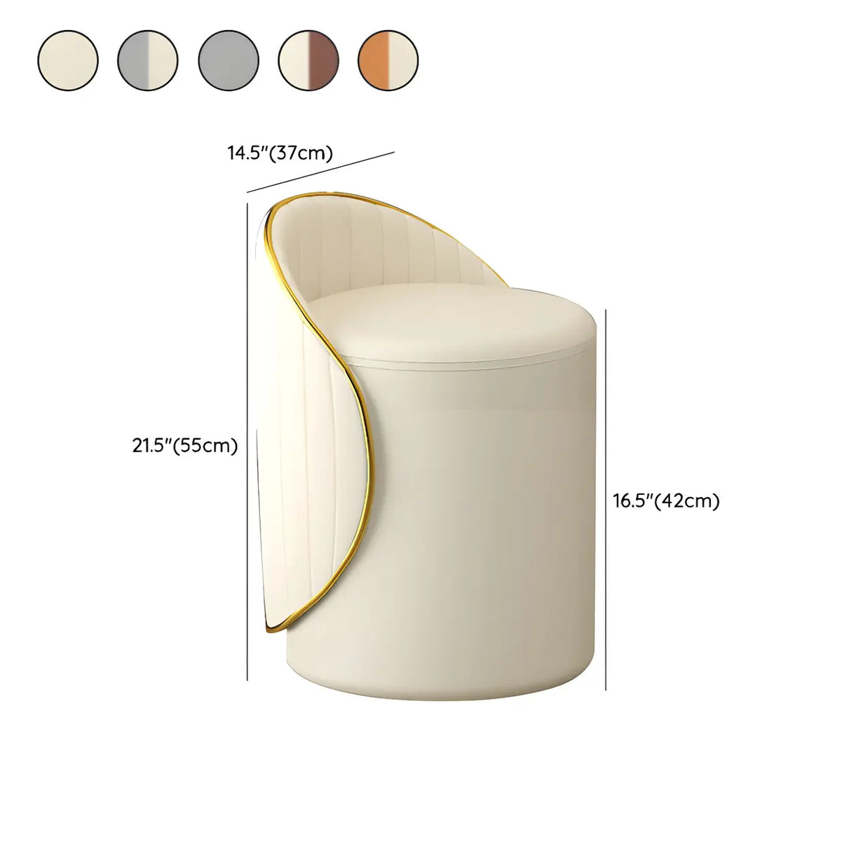 Cream White Round Wood Upholstered Vanity Stool with Back Image - 31