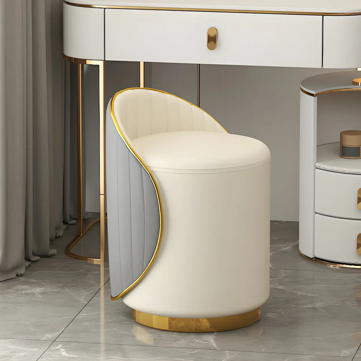 Cream White Round Wood Upholstered Vanity Stool with Back Image - 3