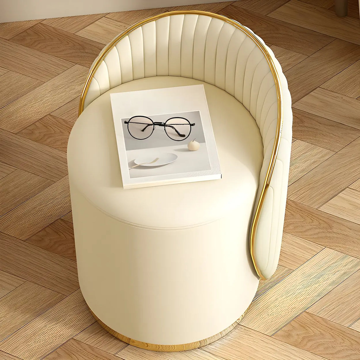 Cream White Round Wood Upholstered Vanity Stool with Back Image - 4