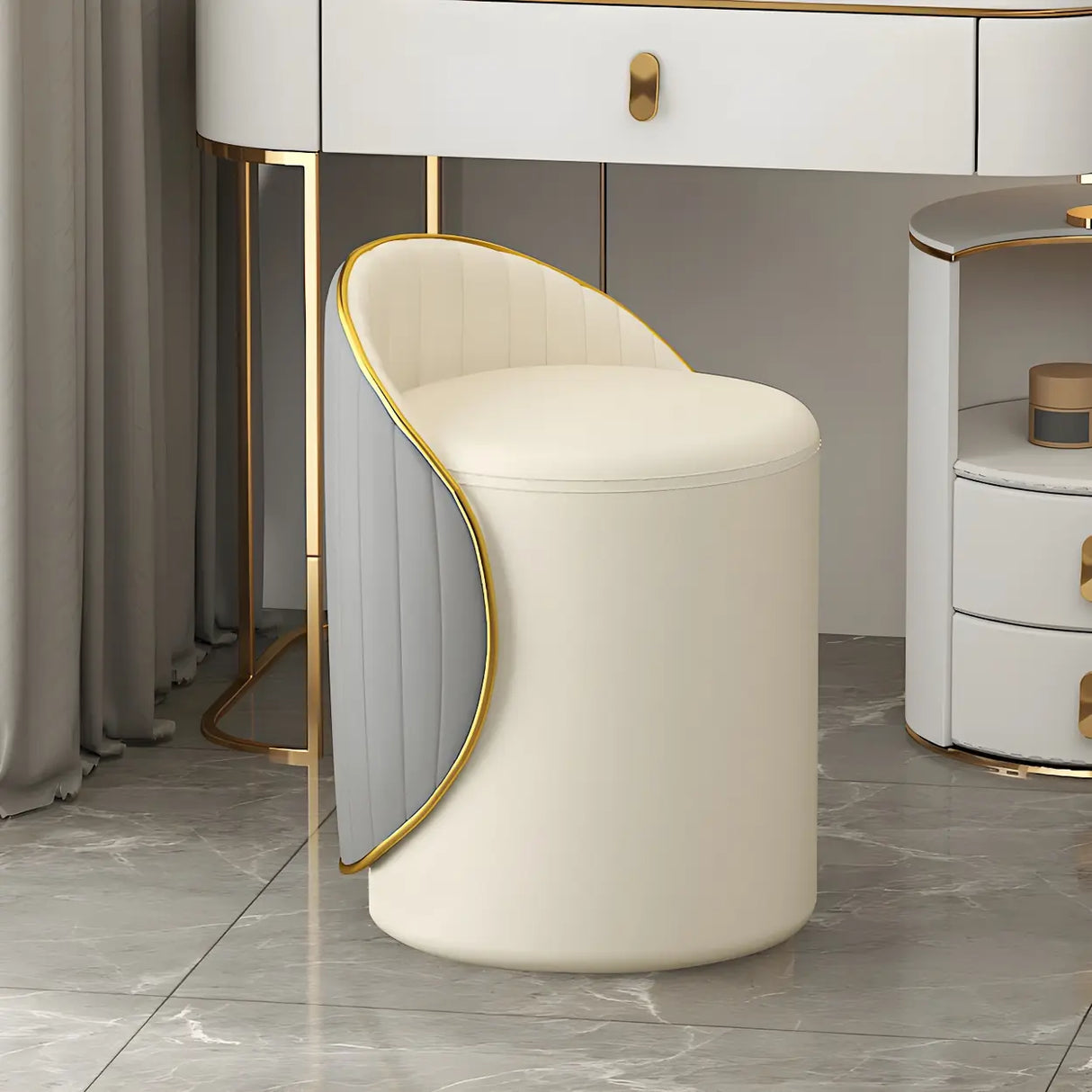 Cream White Round Wood Upholstered Vanity Stool with Back Image - 5