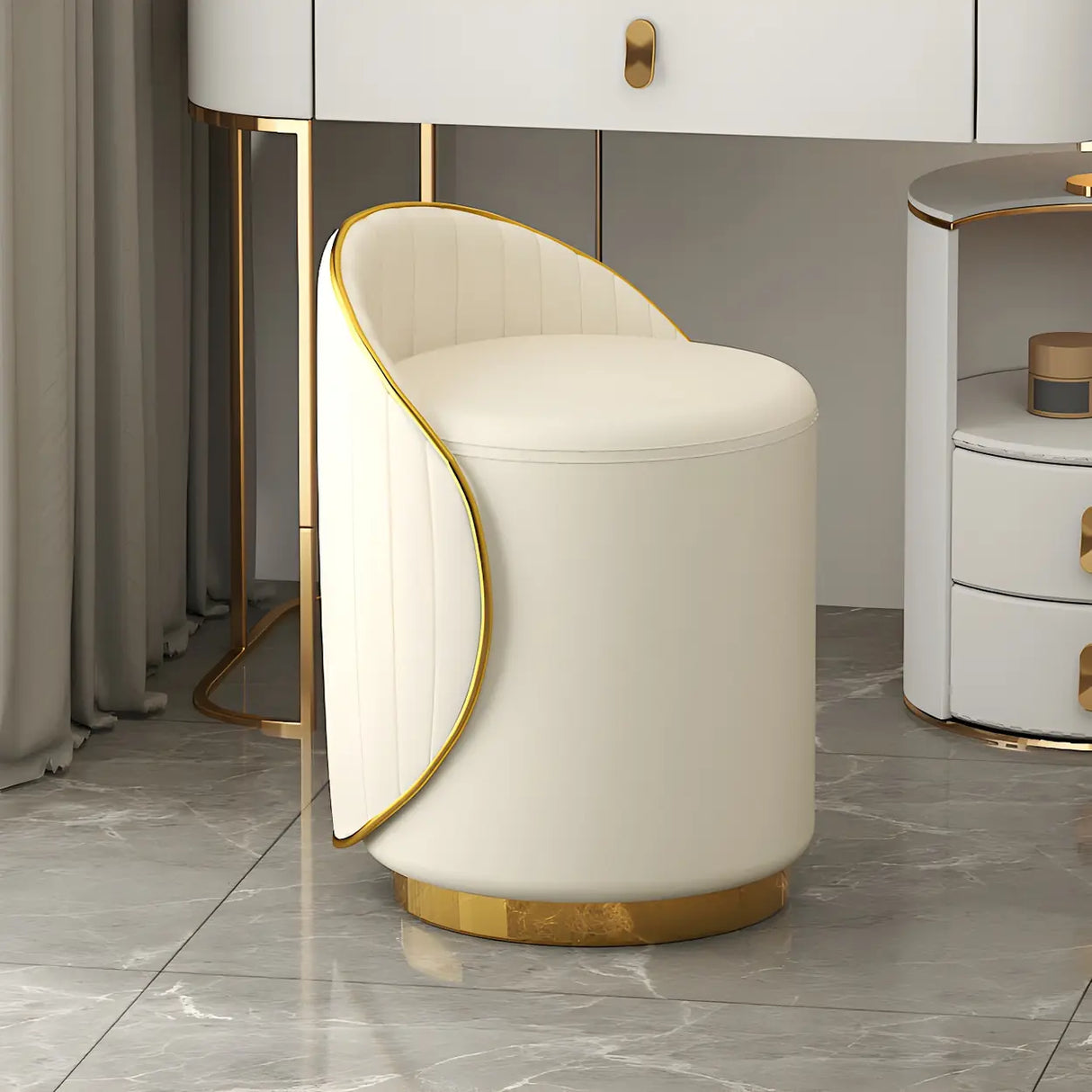 Cream White Round Wood Upholstered Vanity Stool with Back Image - 6