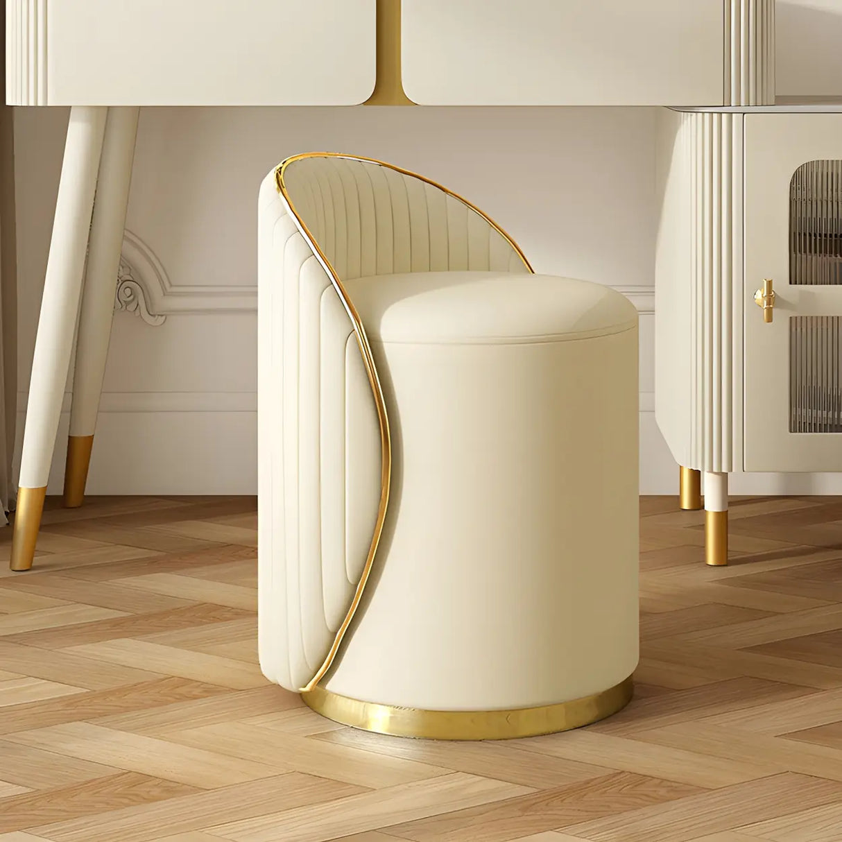 Cream White Round Wood Upholstered Vanity Stool with Back Image - 7