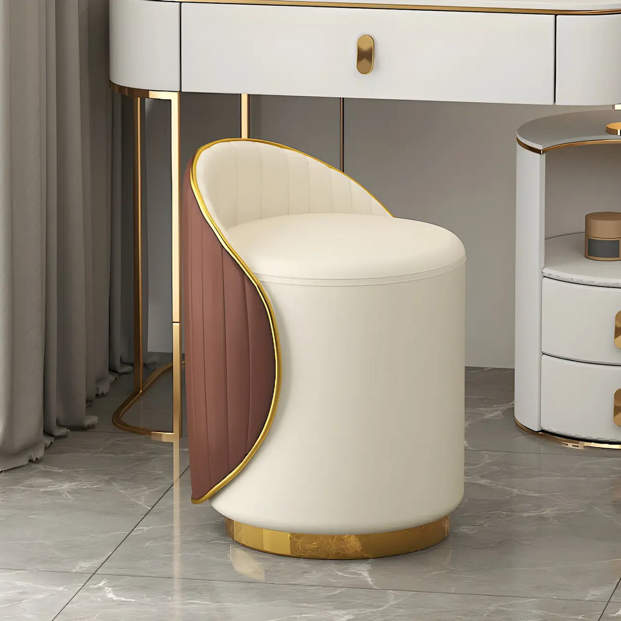 Cream White Round Wood Upholstered Vanity Stool with Back Image - 8