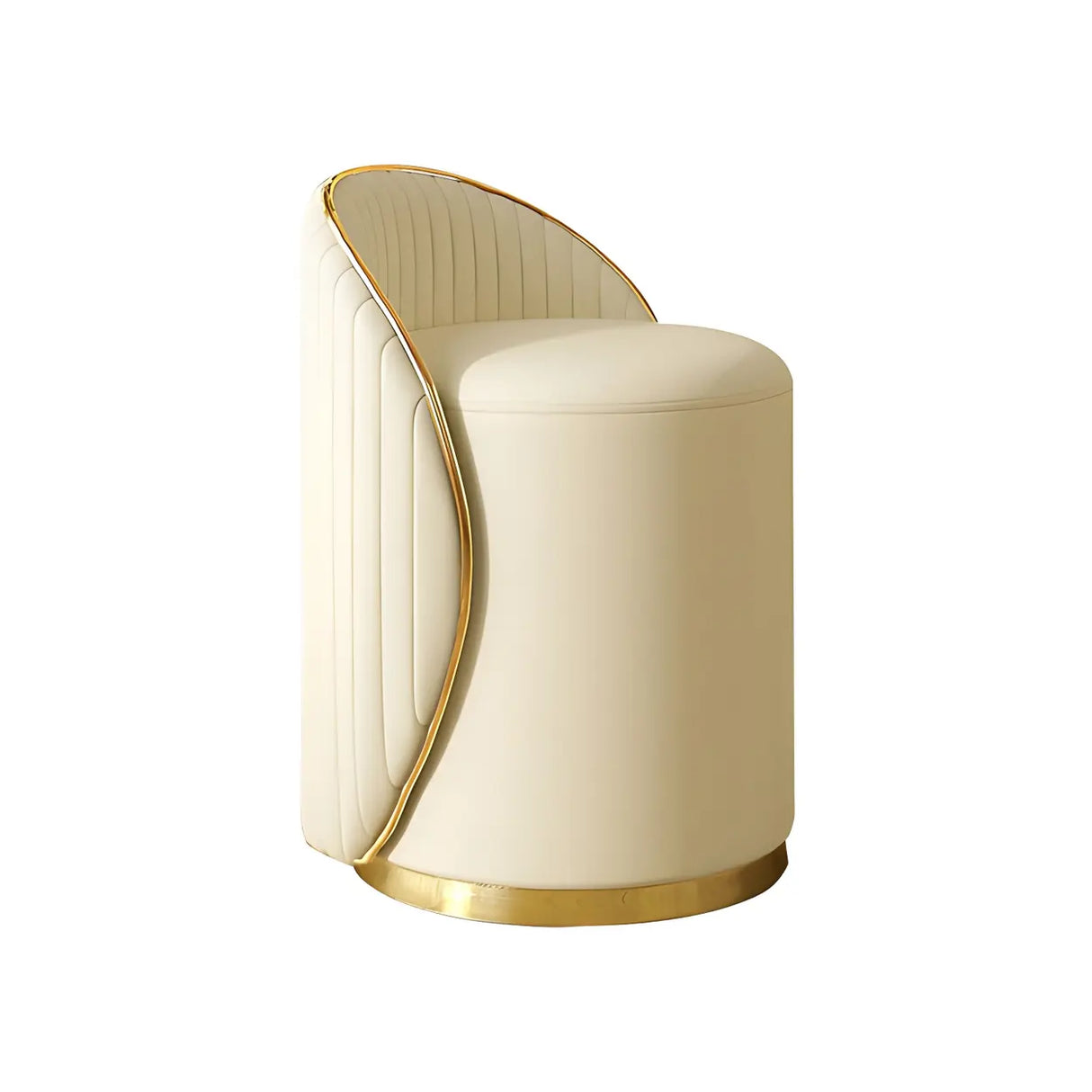 Cream White Round Wood Upholstered Vanity Stool with Back Image - 9