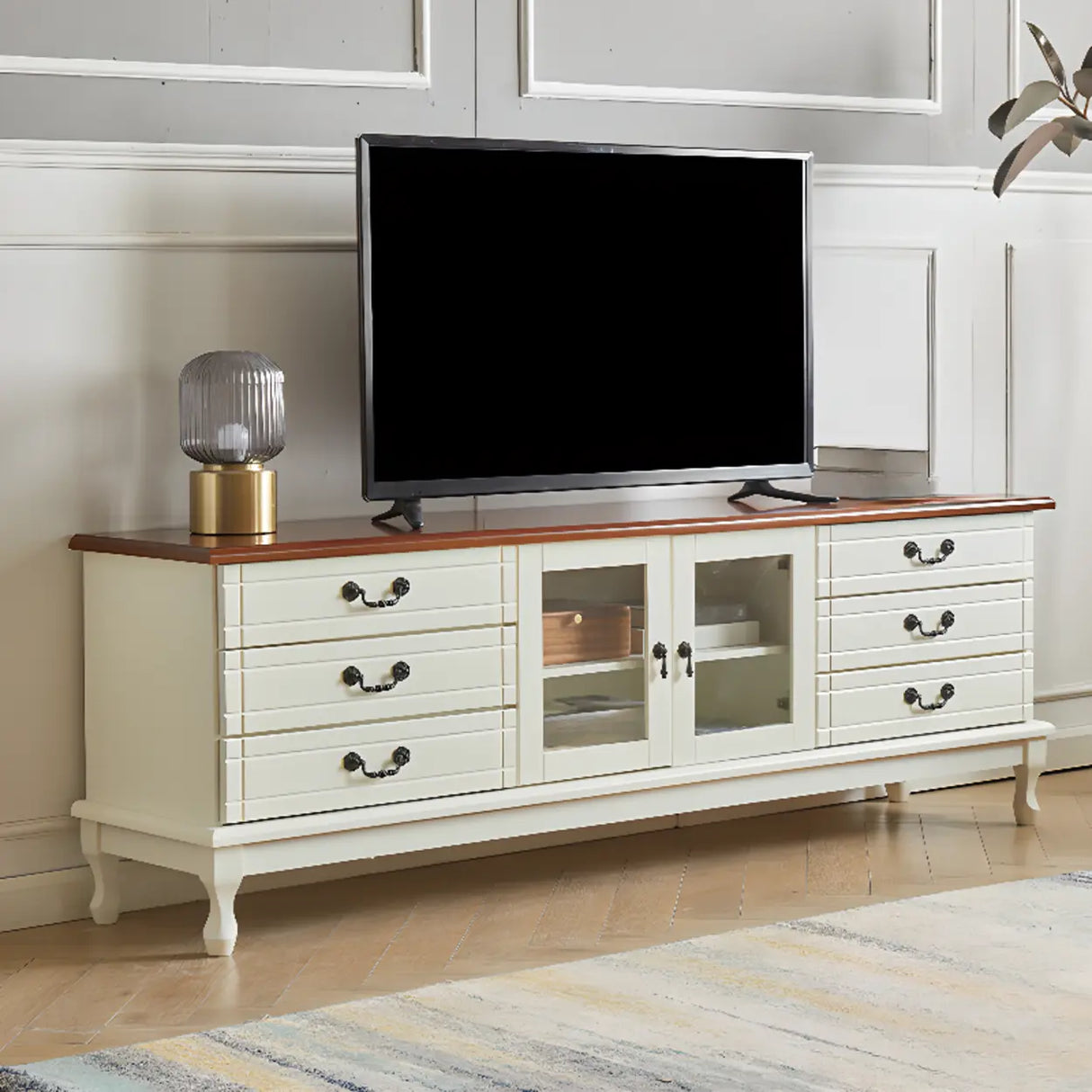 Cream Wood Rectangular TV Stand with Cabinet Drawers Image - 1
