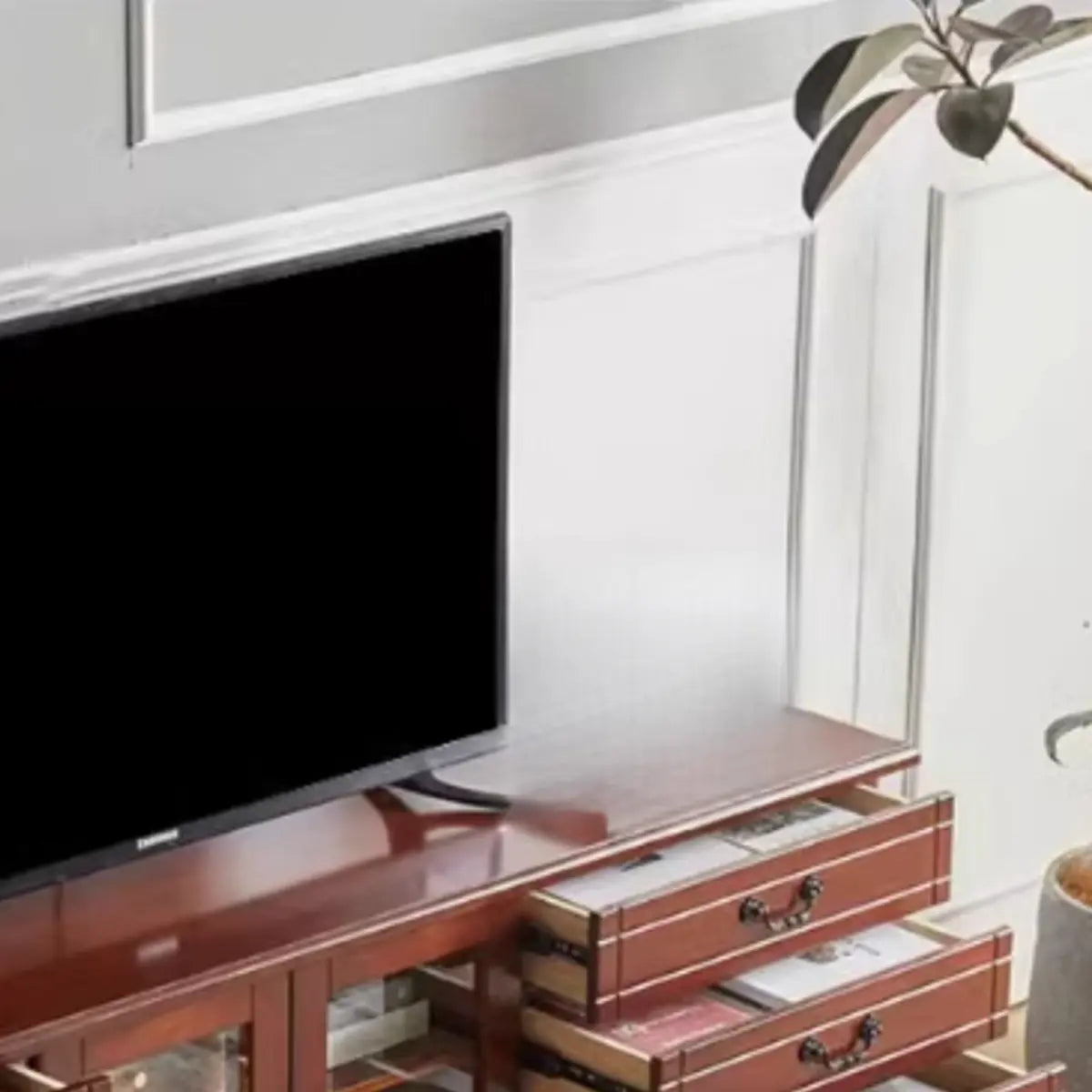 Cream Wood Rectangular TV Stand with Cabinet Drawers Image - 13