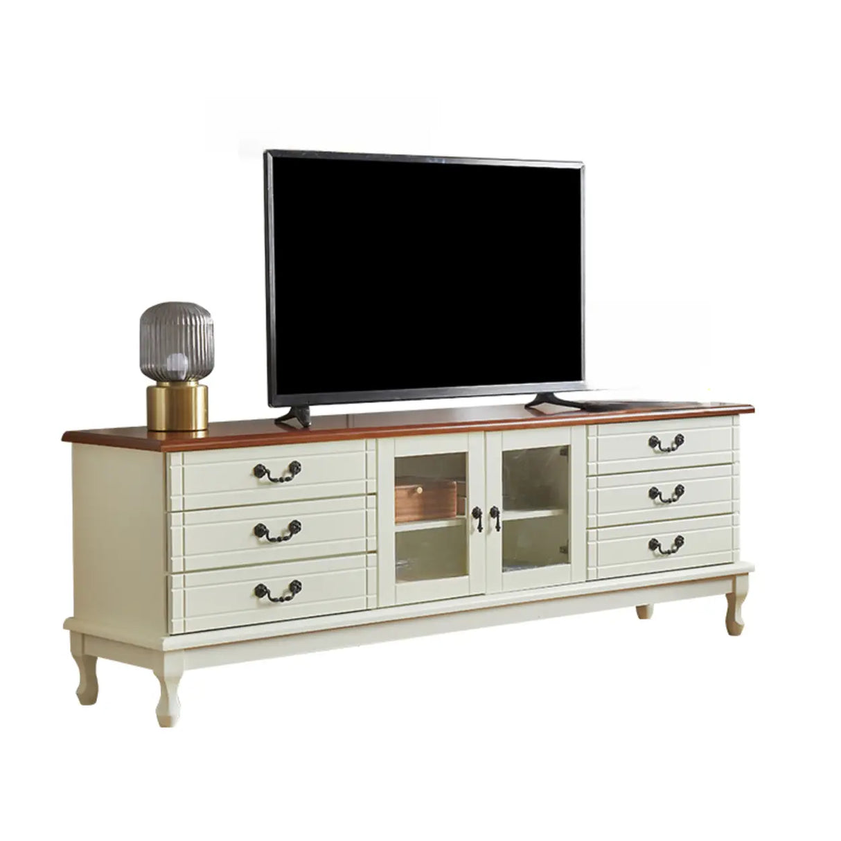 Cream Wood Rectangular TV Stand with Cabinet Drawers Image - 3