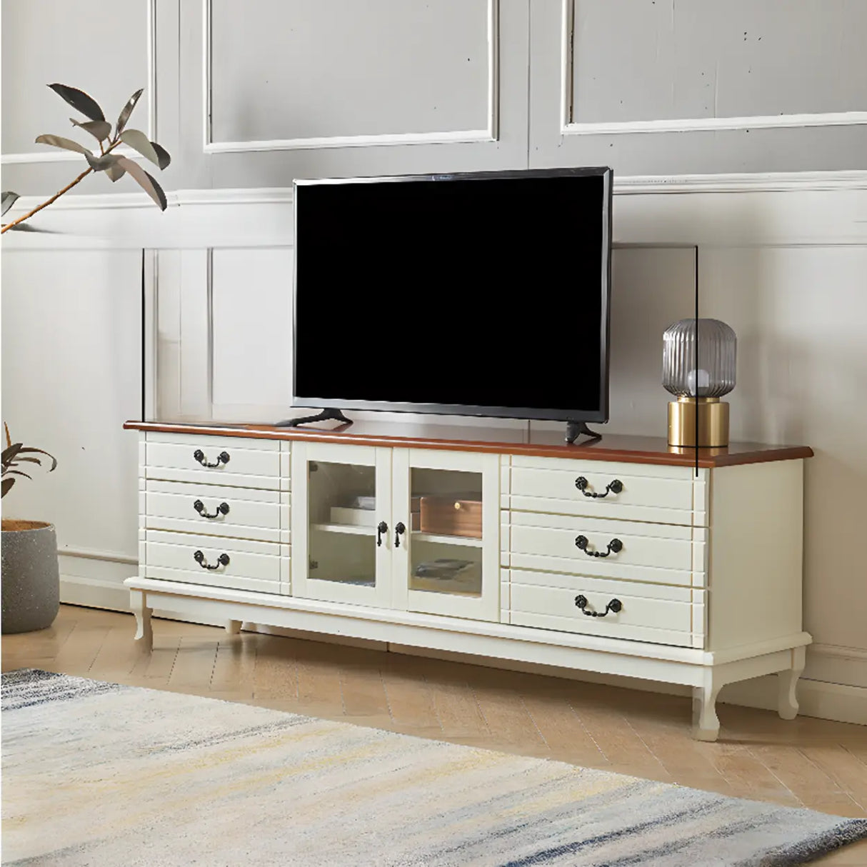Cream Wood Rectangular TV Stand with Cabinet Drawers Image - 4