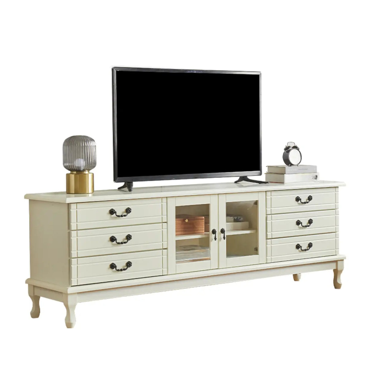 Cream Wood Rectangular TV Stand with Cabinet Drawers Image - 5