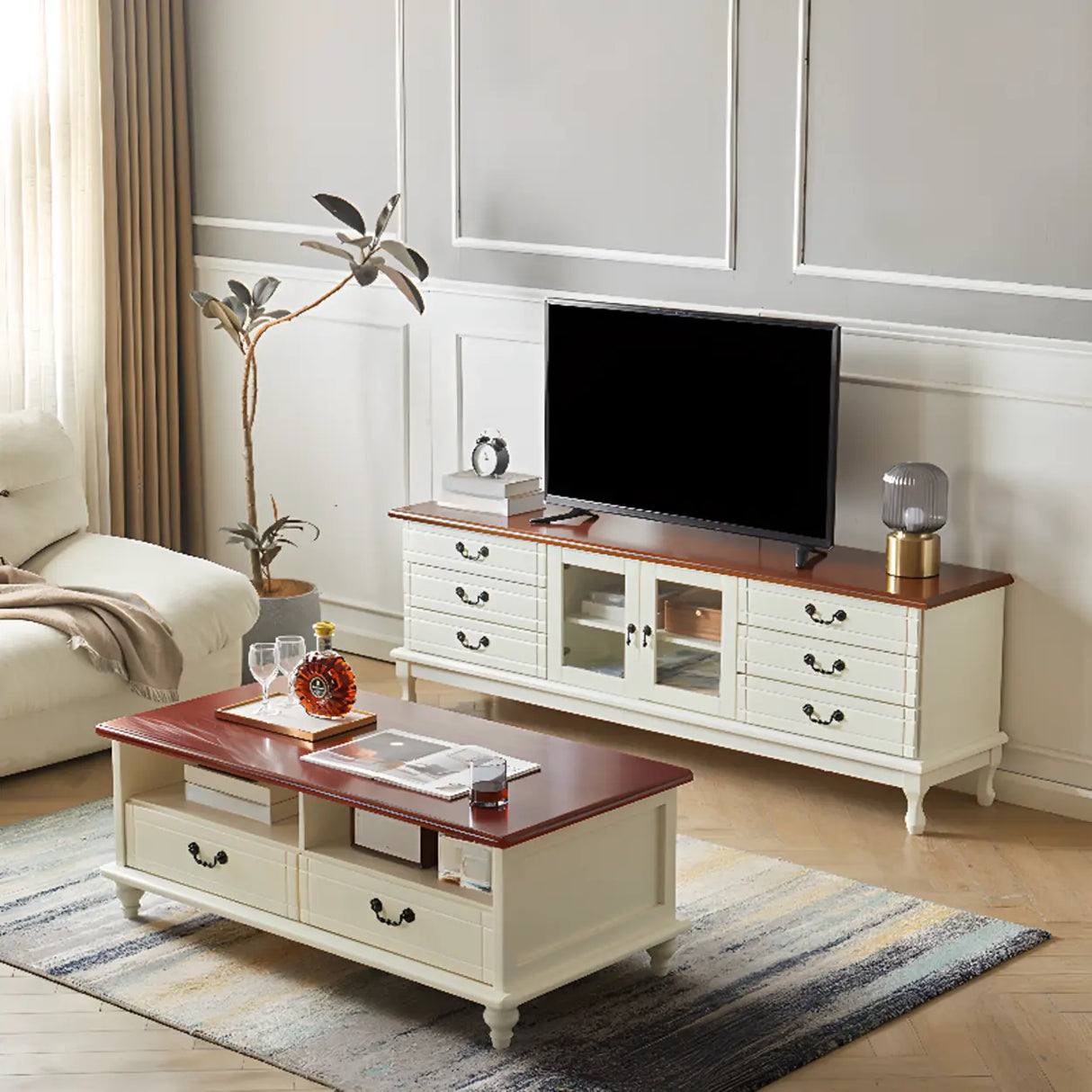 Cream Wood Rectangular TV Stand with Cabinet Drawers Image - 6