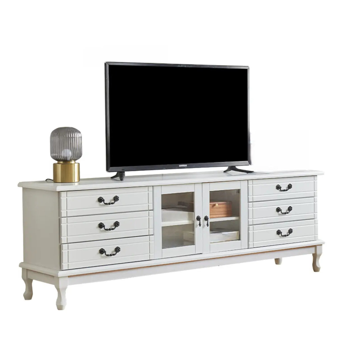 Cream Wood Rectangular TV Stand with Cabinet Drawers Image - 7