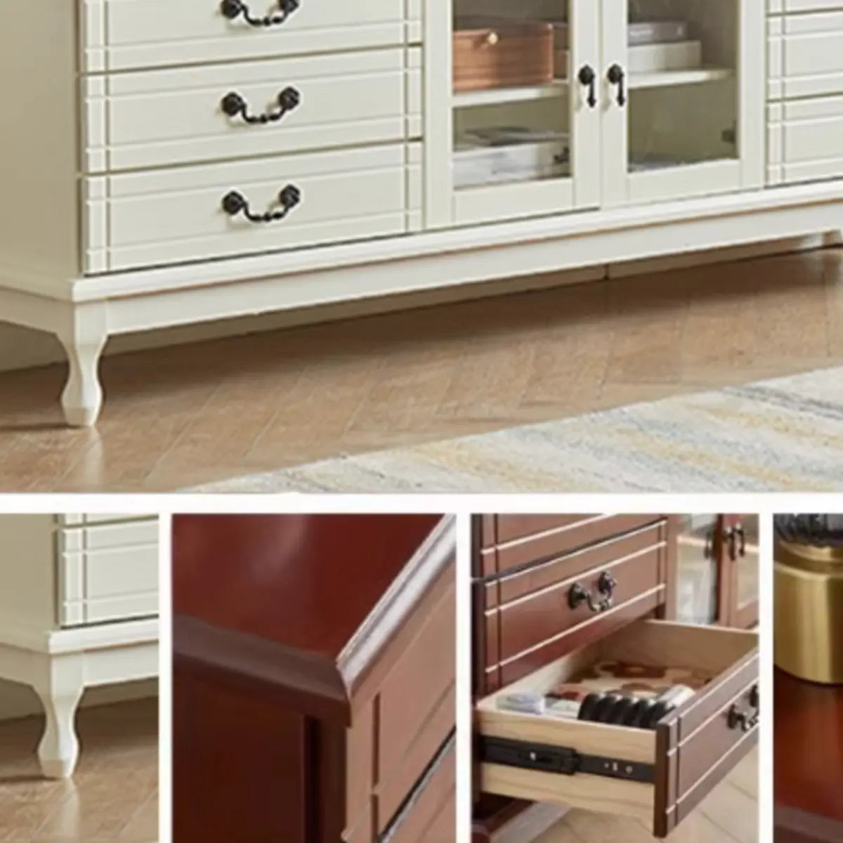 Cream Wood Rectangular TV Stand with Cabinet Drawers Image - 11