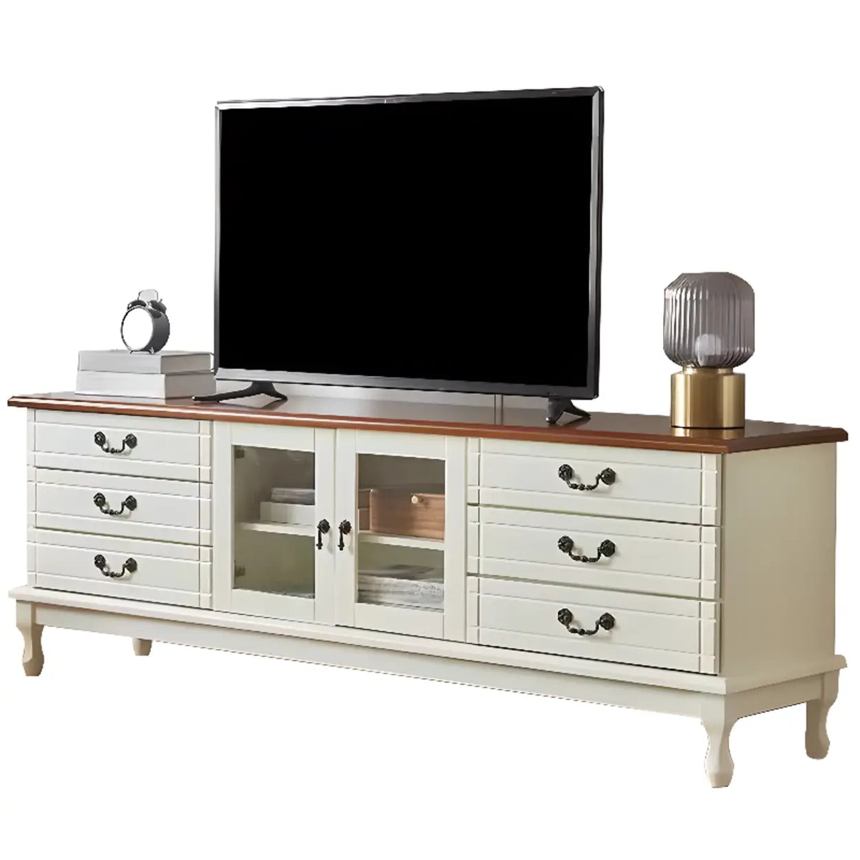 Cream Wood Rectangular TV Stand with Cabinet Drawers Image - 8