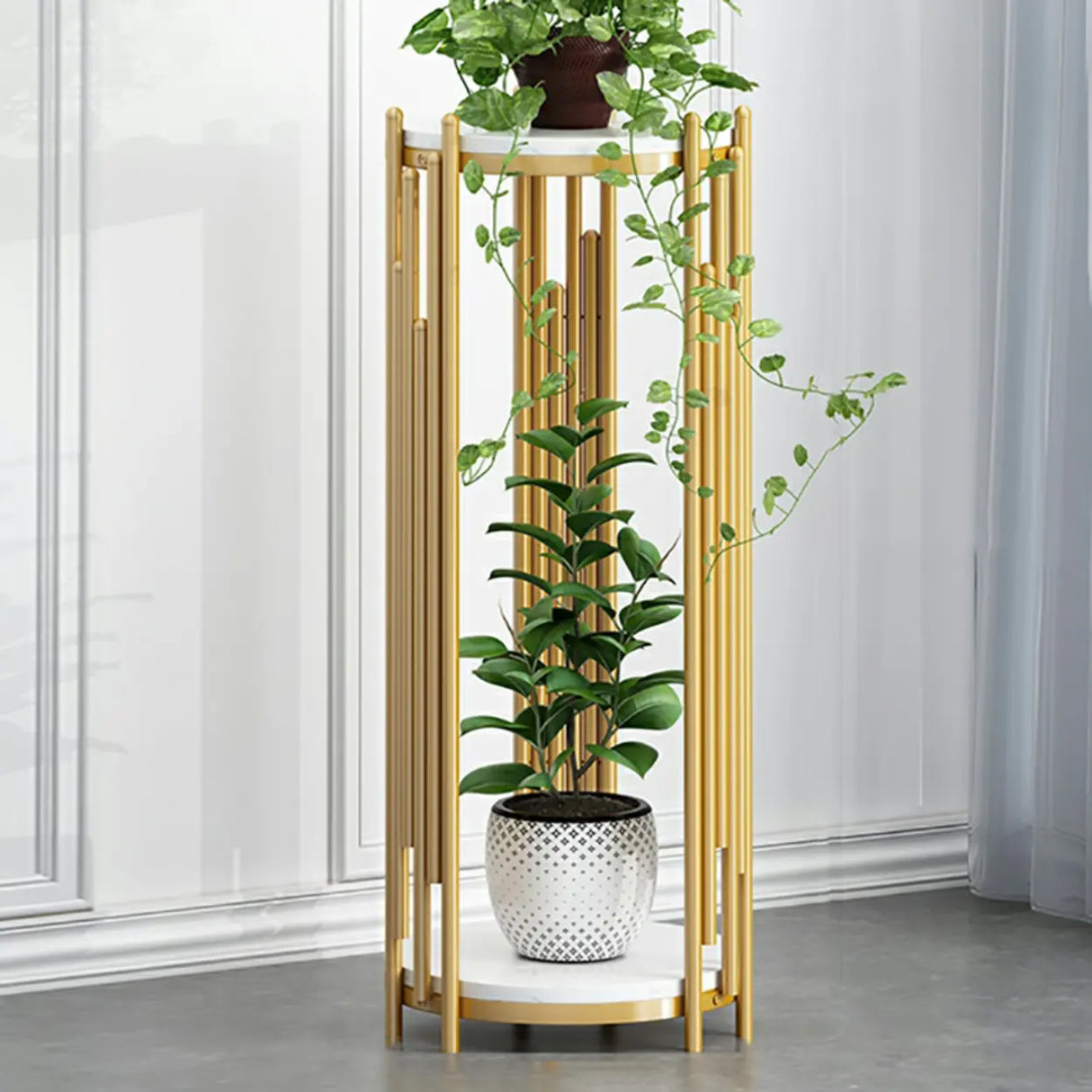 Creative 2 Tiers Round Marble Top Gold Metal Plant Table Image - 10