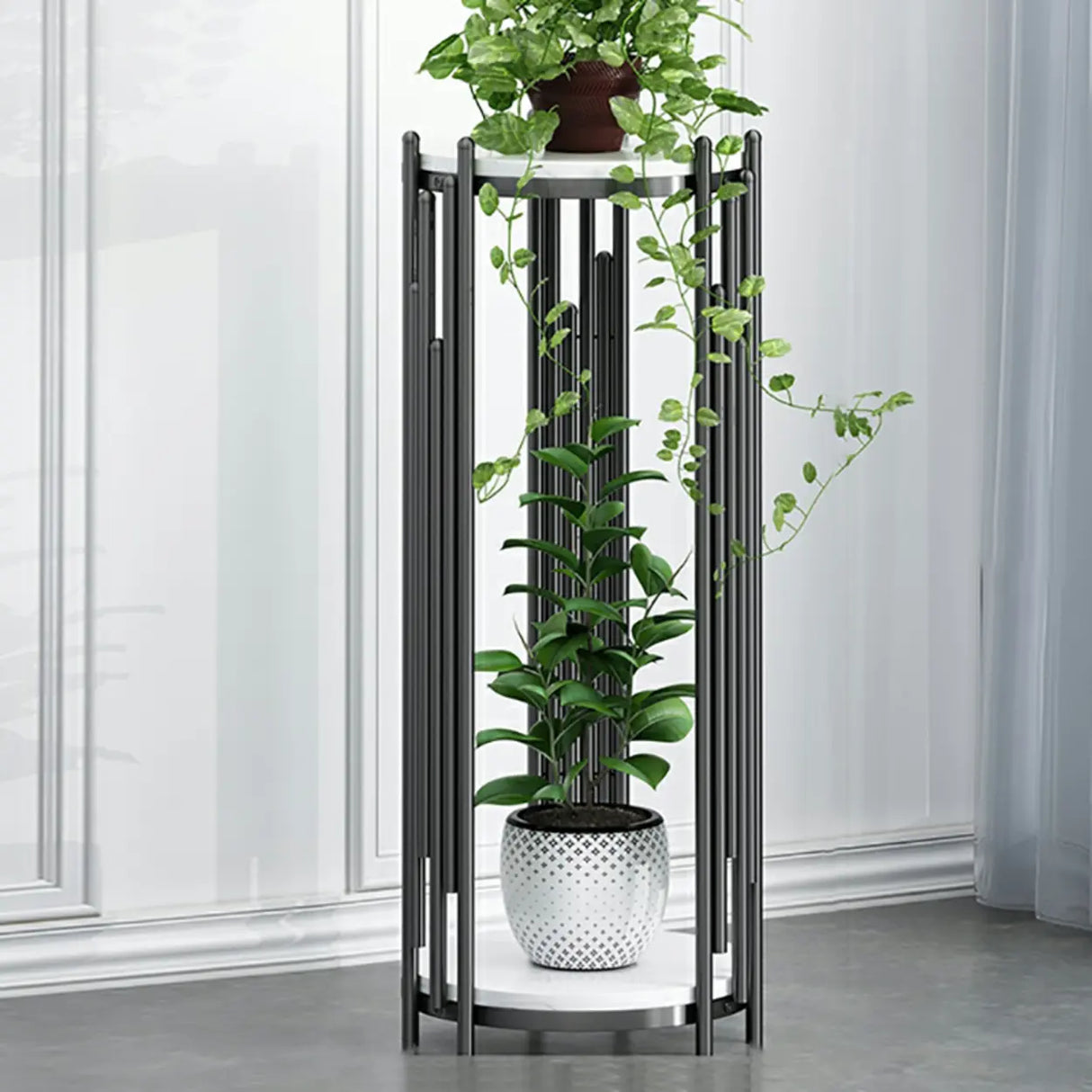 Creative 2 Tiers Round Marble Top Gold Metal Plant Table Image - 11