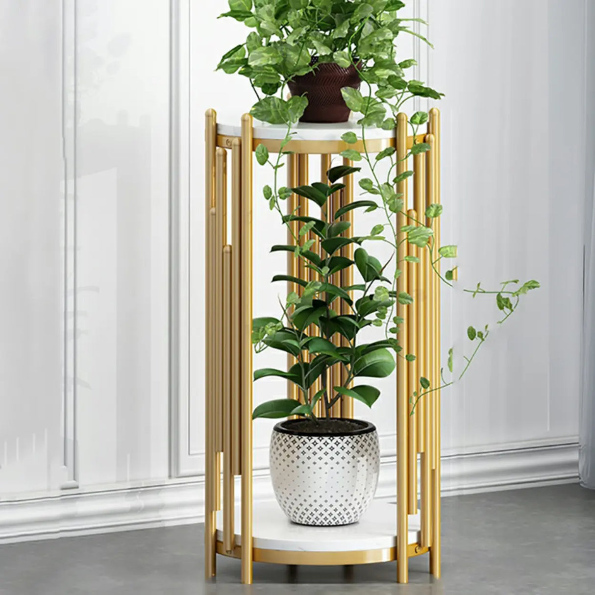 Creative 2 Tiers Round Marble Top Gold Metal Plant Table Image - 12