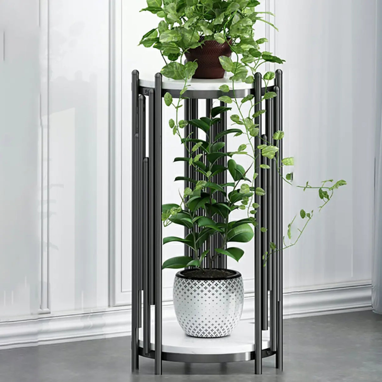 Creative 2 Tiers Round Marble Top Gold Metal Plant Table Image - 13