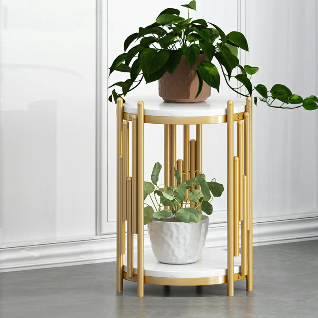 Creative 2 Tiers Round Marble Top Gold Metal Plant Table Image - 14
