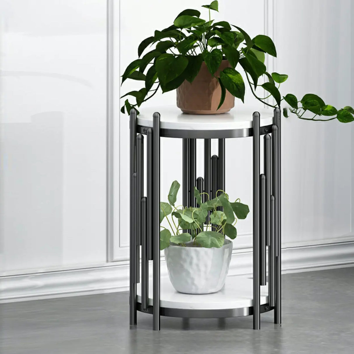 Creative 2 Tiers Round Marble Top Gold Metal Plant Table Image - 15