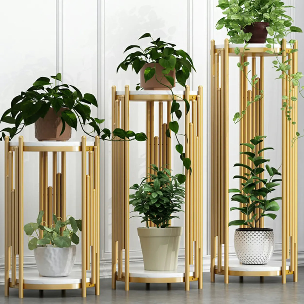 Creative 2 Tiers Round Marble Top Gold Metal Plant Table Image - 1