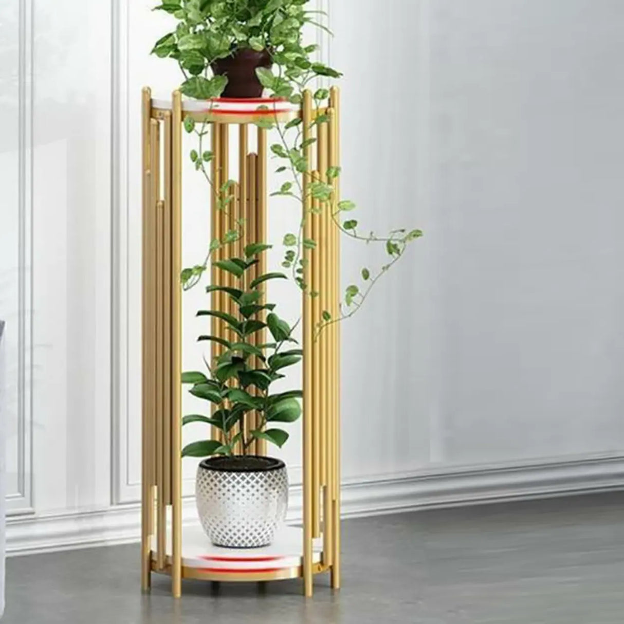 Creative 2 Tiers Round Marble Top Gold Metal Plant Table Image - 2