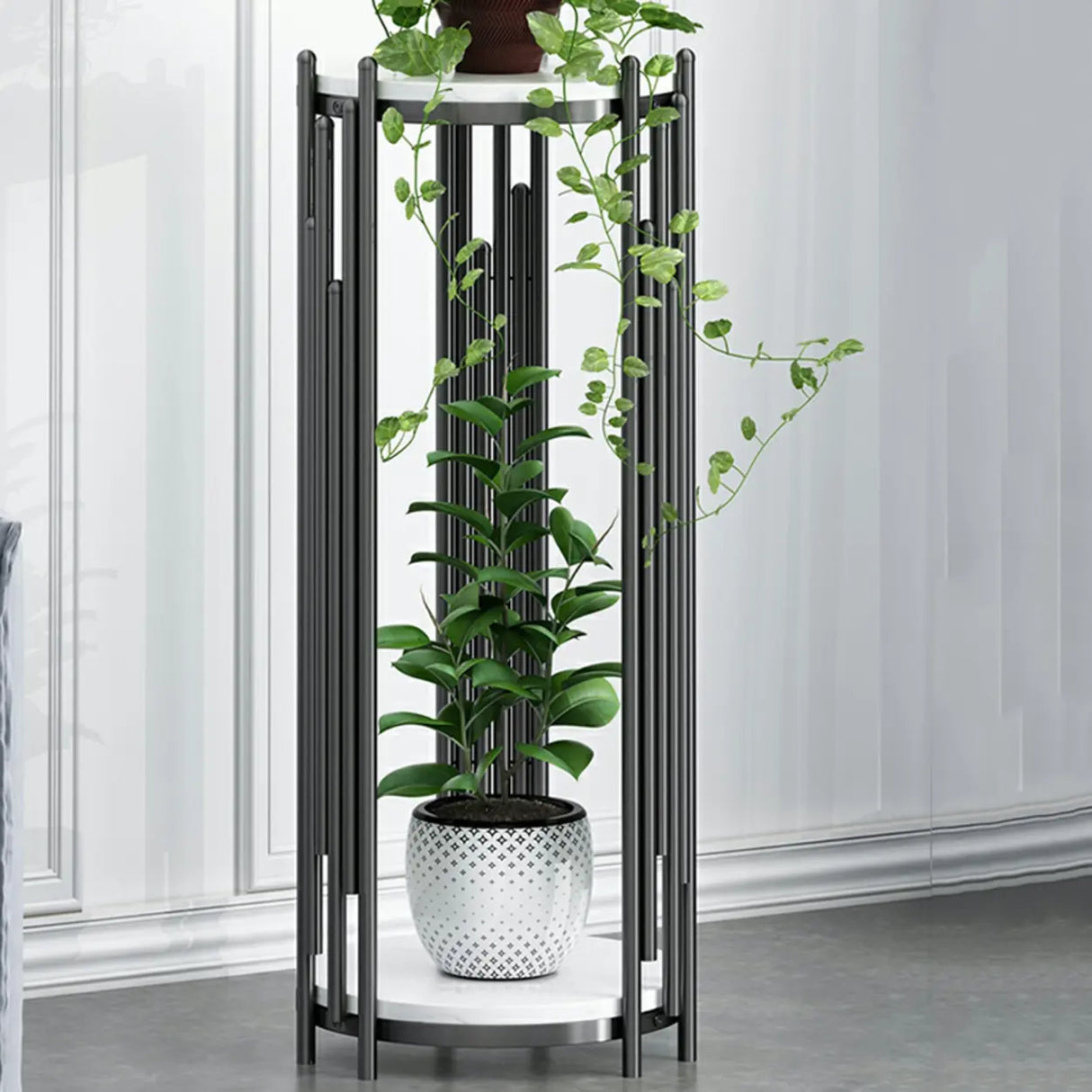 Creative 2 Tiers Round Marble Top Gold Metal Plant Table Image - 3