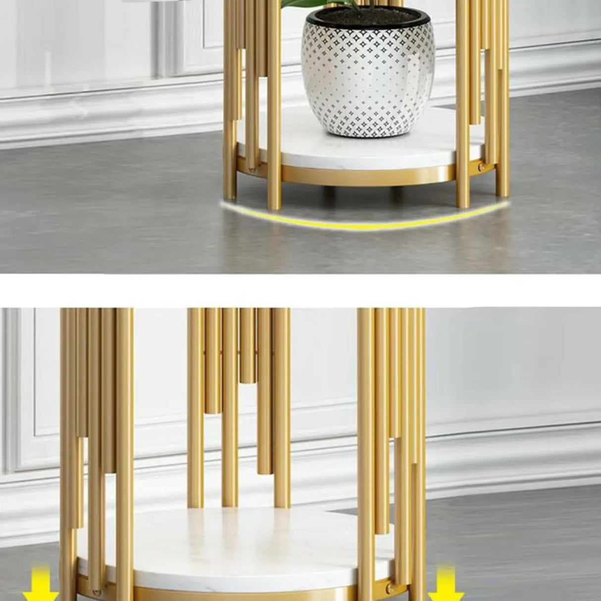 Creative 2 Tiers Round Marble Top Gold Metal Plant Table Image - 4